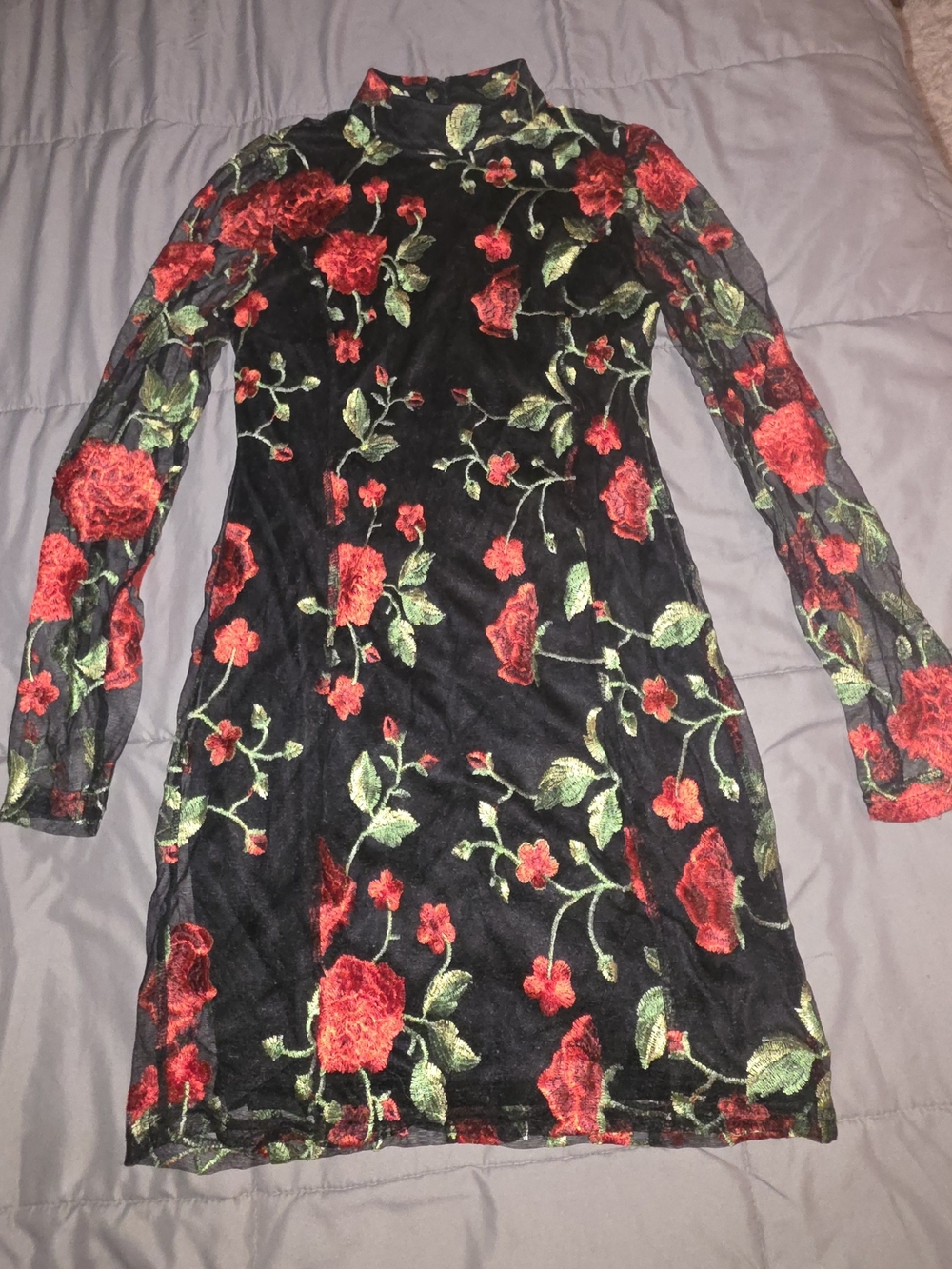 Vici Black Sheath Dress with Red Floral Embroidery